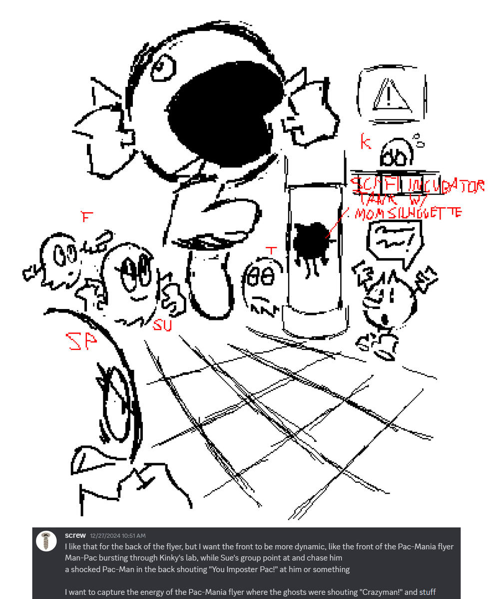 Front flyer sketch, with screw's prompt below.