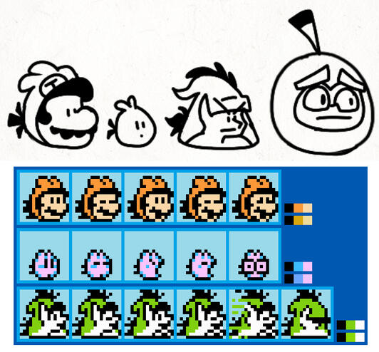 Bomb was originally going to be Mega Man, and Rario was originally going to be orange. Nathan Silver would then go on to redo these.